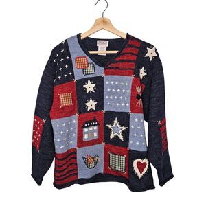 PBJ Sport Vintage Sweater Women's Large Chunky Knit Americana Patchwork Folk
